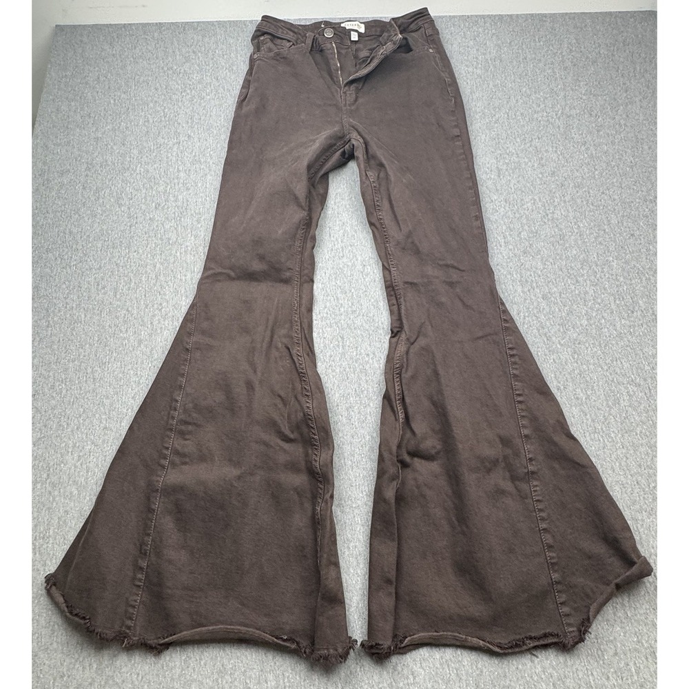 Shyanne Super Flare Brown Denim Mid Rise Raw Hem Bell Bottom Jeans Sz 30x34